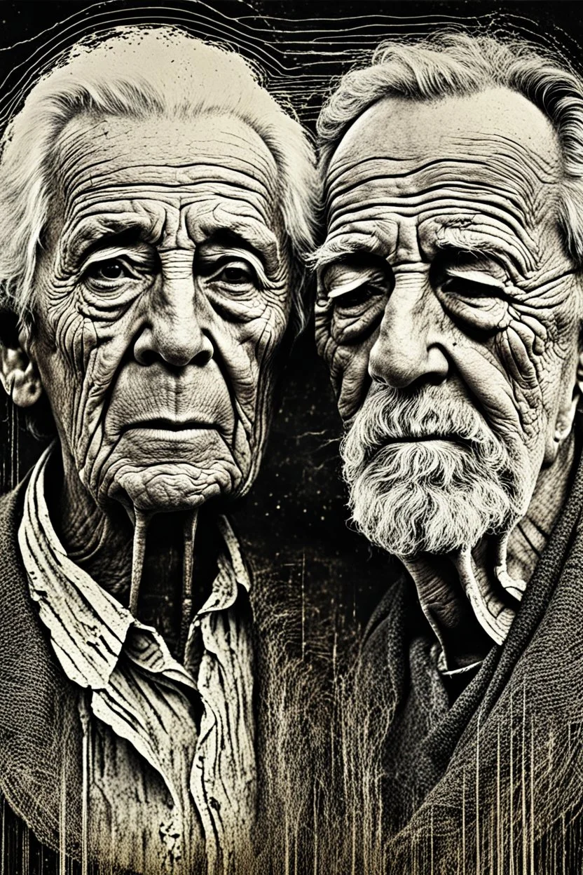 an old couple faces olae vintage photo with stronge glich technique, grey-brown, defects, graininess, white noise, lines, scratches, glitch art