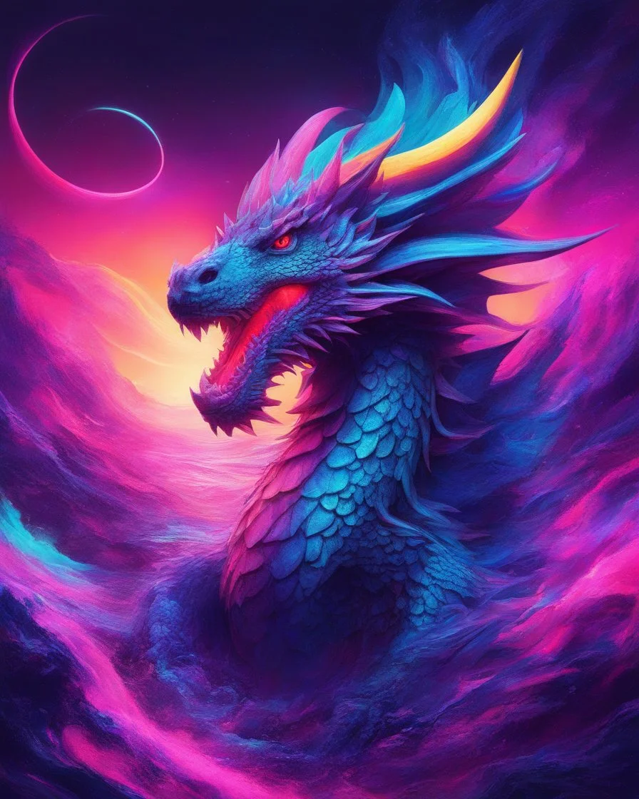 Dragon in a vibrant synthwave dreamscape, neon chaos swirling energetically around pixelated forms, a dynamic fusion of retro gaming nostalgia and futuristic abstraction