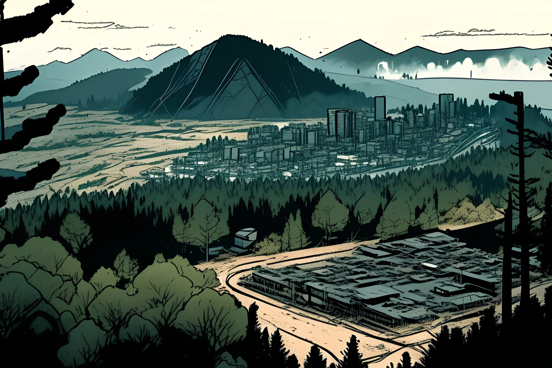 mapview of a forest, a hill, mountain, with a factory and a city in the background, comic book, post -apocalypse, gray