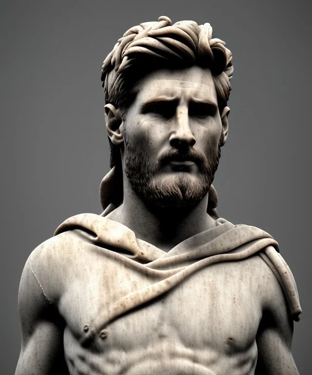 Gran angular, Realistic image, roman sculpture, marble material, Lionel Messi with Laurel wreath model, miguel angel style, emperador, God light, god rays, 4k resolution, perfect details, ornate details, soft lighting, unreal engine 5, soft cyan background.