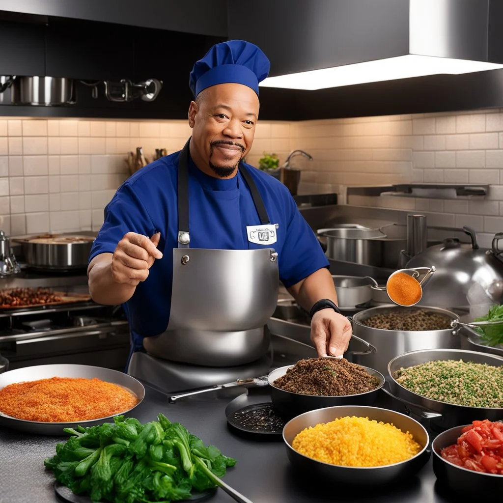 a bustling kitchen, filled with the clinking of pots and pans, the sizzle of ingredients hitting the hot pan, and the fragrant aromas wafting through the air. The Chef Ice-T from Law & Order: Special Victims Unit stands at the center of it all, a master of culinary creativity and precision. Today, the challenge is to highlight a specific ingredient in a way that is both creative and absolutely delicious. Ice-T's eyes light up with excitement as they reach for a vibrant, ripe mango. Ah, the sweet