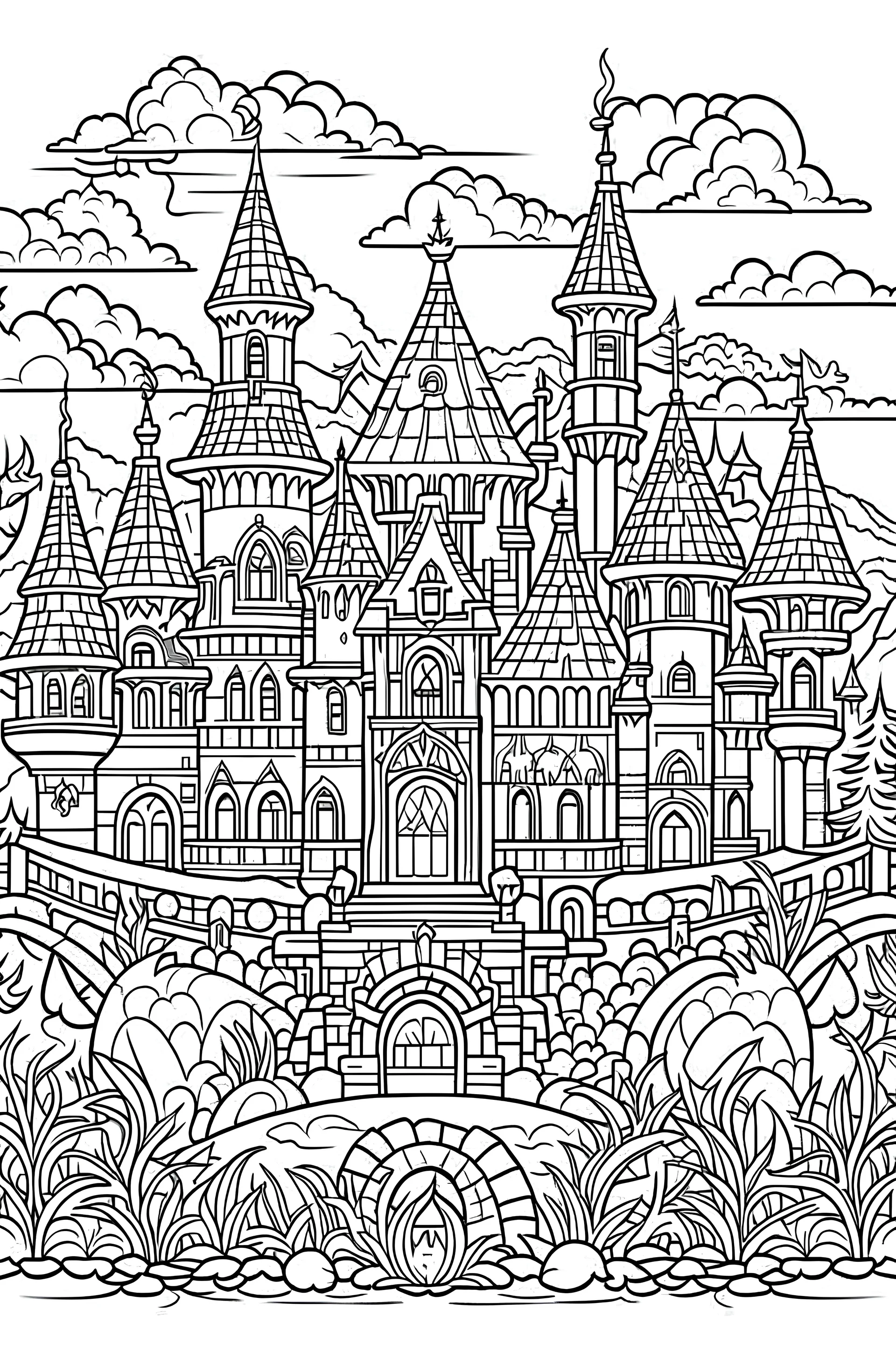 Enchanted Fairytale Castle Line Art Coloring Prompt: Design a fairytale castle surrounded by magical elements like floating lanterns, whimsical creatures, and a charming bridge. Create intricate details that capture the essence of a dreamy fairytale world. Encourage the use of soft pastels, sparkling golds, and dreamy blues to evoke a sense of enchantment and wonder. Let your coloring bring this fairytale castle to life, turning it into a captivating and dreamy masterpiece for coloring book