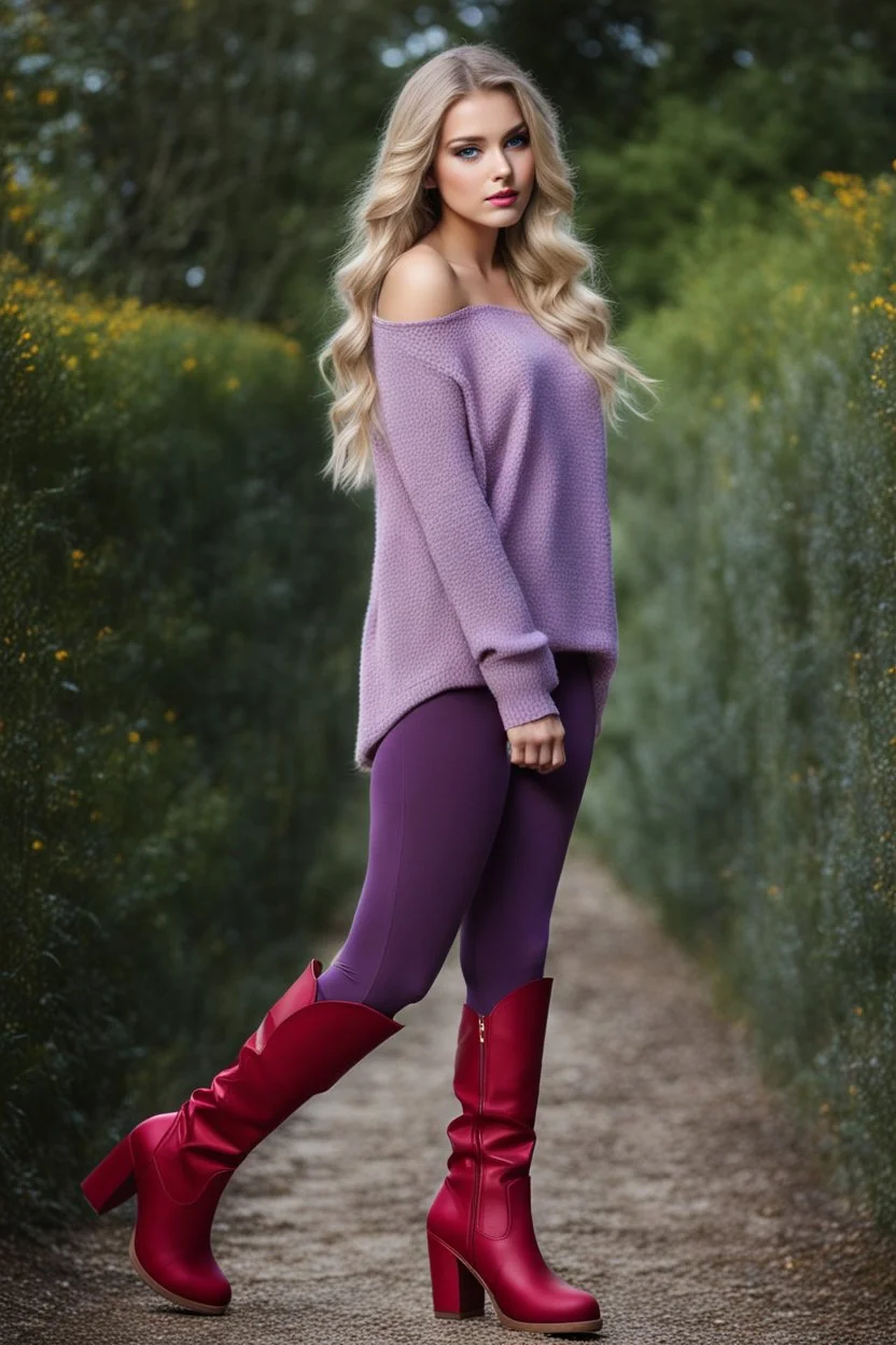 beautiful 18 year old girl with ash blonde hair and blue eyes with her curvy hair down, wearing a long-sleeved woollen top, and lilac long leggings, with long red boots full body shot