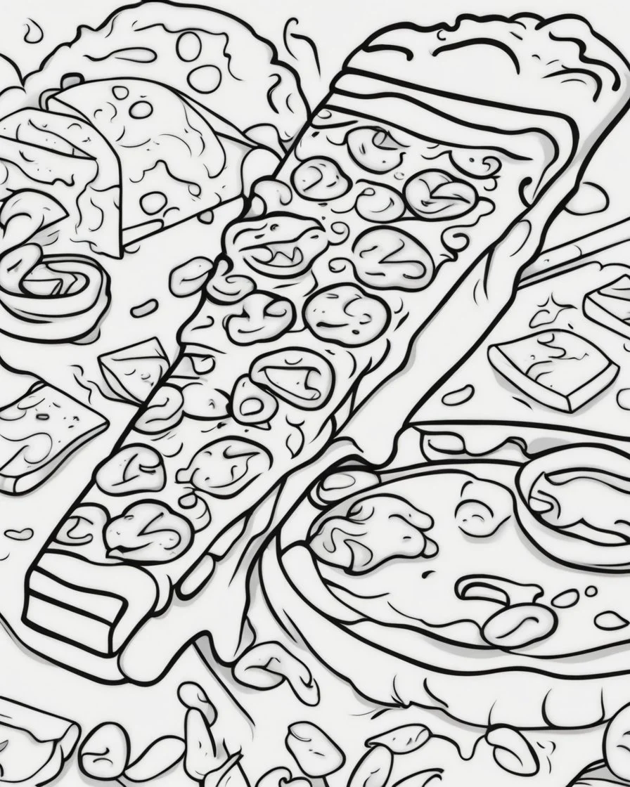 Coloring book, cartoon drawing, clean black and white, single line, white background, slice of pizza