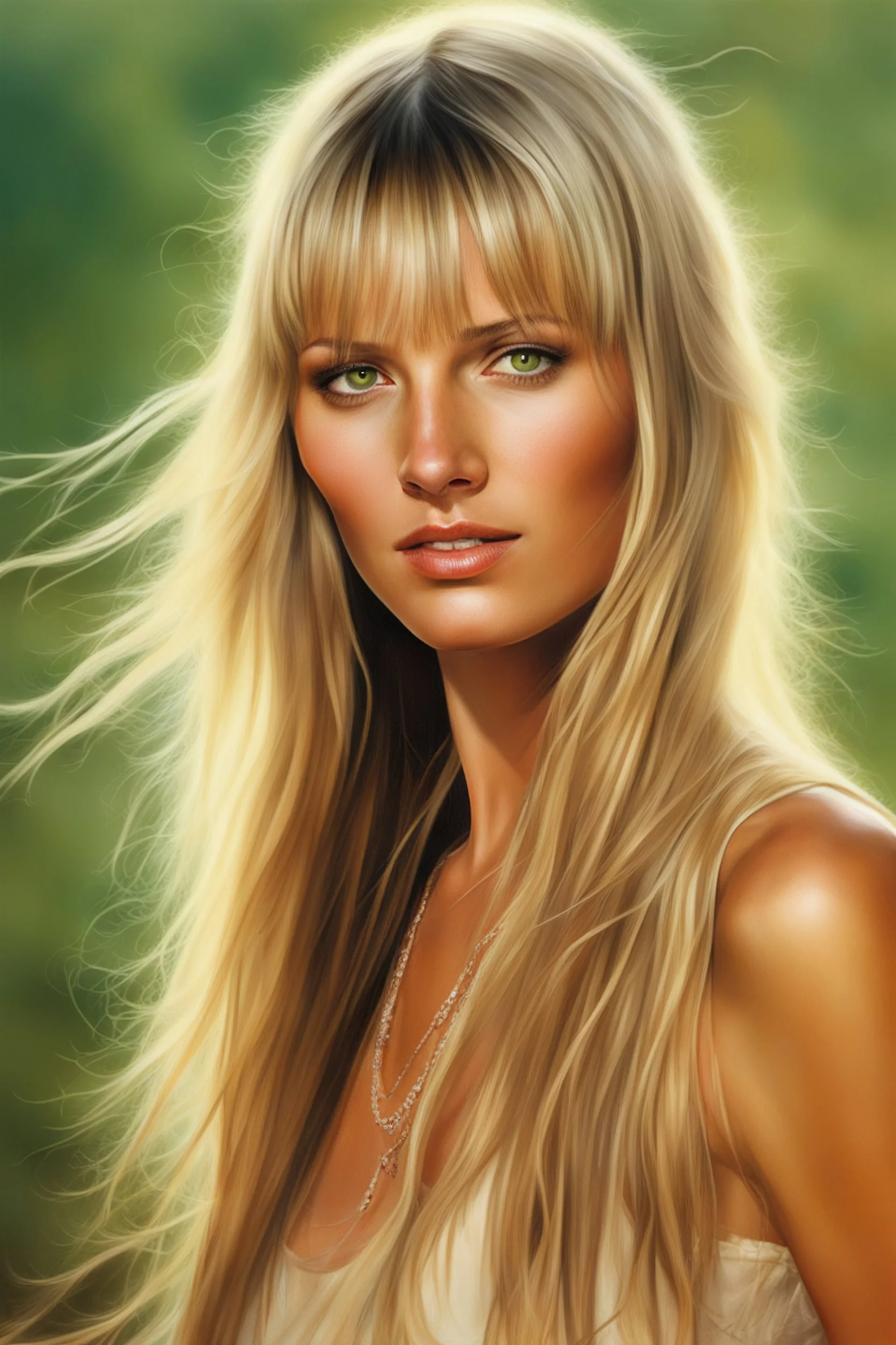 realistic stock photo, Realism engine, General Fast V2 (Flux), Create a realistic image of an 18-year-old Bo Derek with long, straight blonde hair, the bangs cut straight across the forehead, hazel eyes, a plump chest, strawberry sundae, in the style of Boris Vallejo, Frank Frazzetta, Leonardo da Vinci, Julie bell, 4k, 8k, 16k, 32k. 100k UHD