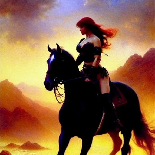 Drawing of beautiful face,busty Red Sonja riding black horse,intense stare,minimal ancient armor, balanciaga fashion clothe painting by gaston bussiere, greg rutkowski, yoji shinkawa, yoshitaka amano, tsutomu nihei, donato giancola, tim hildebrandt, oil on canvas, cinematic composition, extreme detail,fit full head inside picture,16k