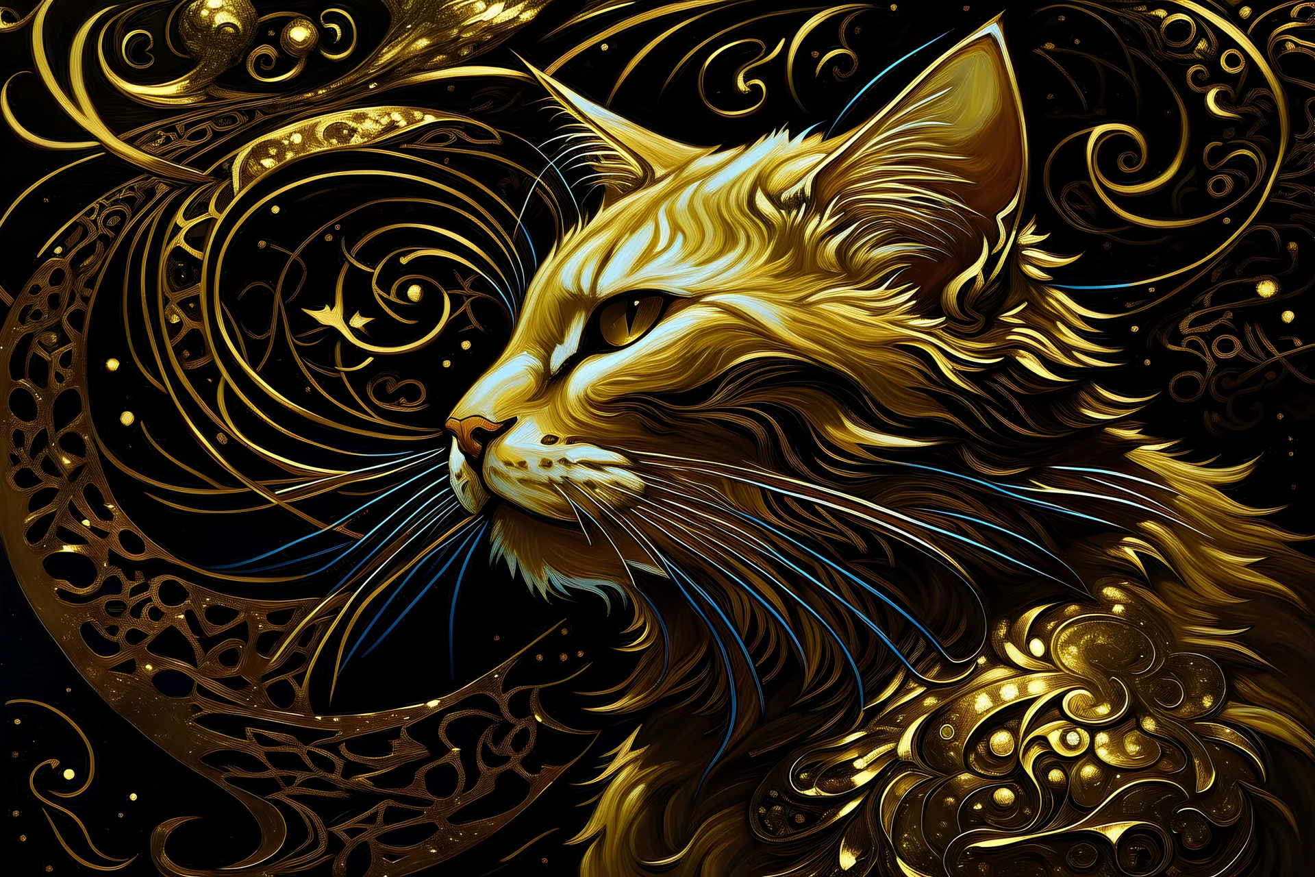 a painting of a cat on a black background, gold striated swirling finish, style of ian hubert, golden organic structures, made out of shiny white metal, avatar image, kenny mcbride, an anthro cat