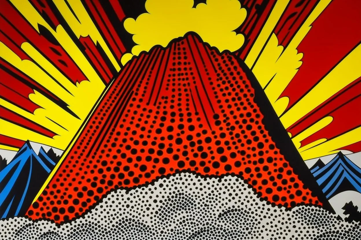 A red volcano with brimstone crystals painted by Roy Lichtenstein