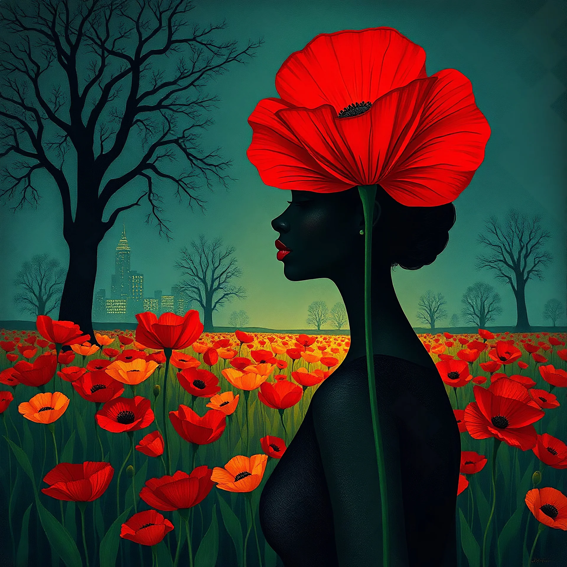 one woman in the field of poppys by and oswaldo guayasamin and alexandre archipenko and yannis moralis in the style of , Artstation Deviant art, natural lighting accent lighting, in the street, intricate scenery highly detailed