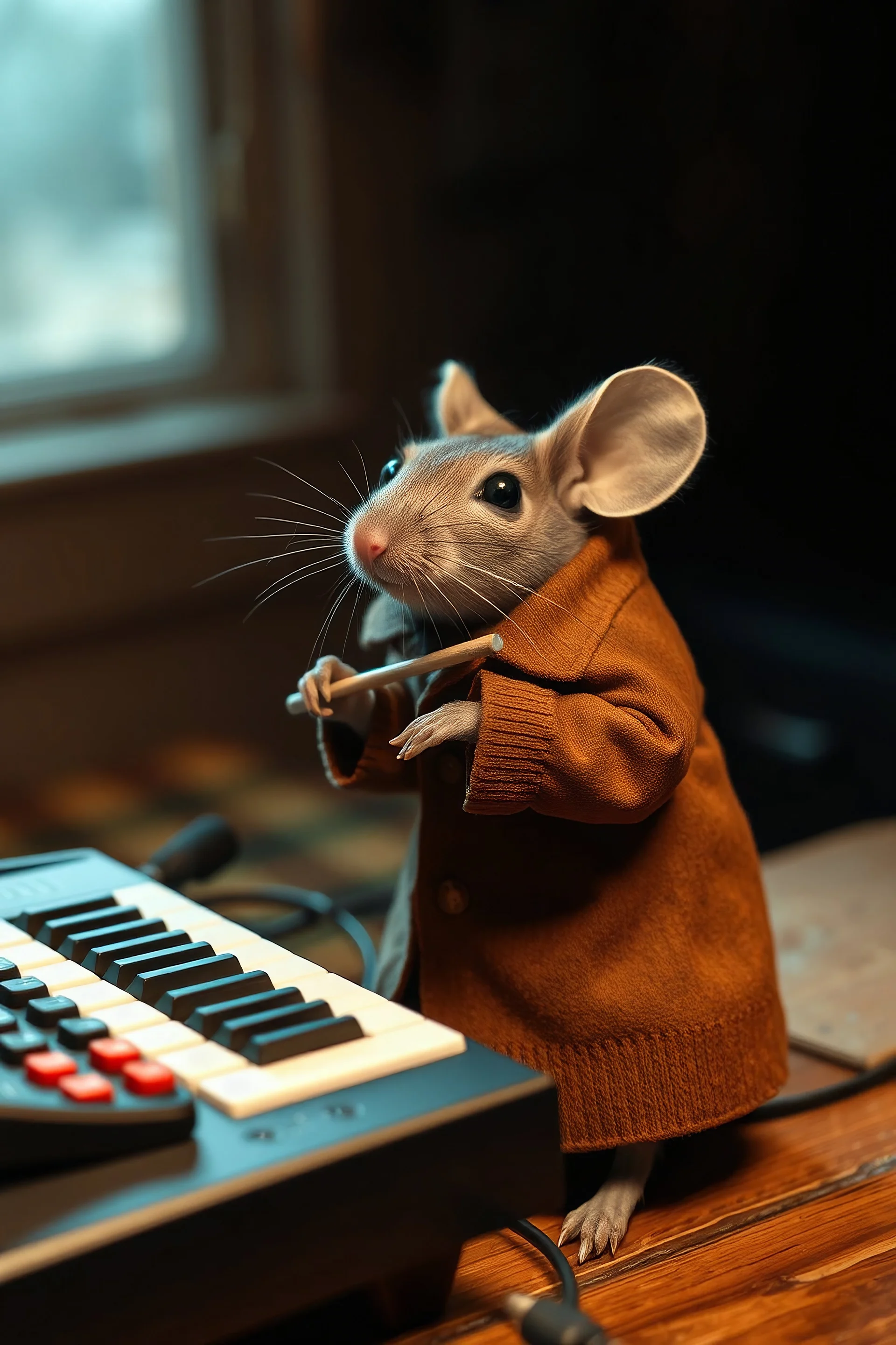 A mouse warring dressed brown coat, playing the keyboard