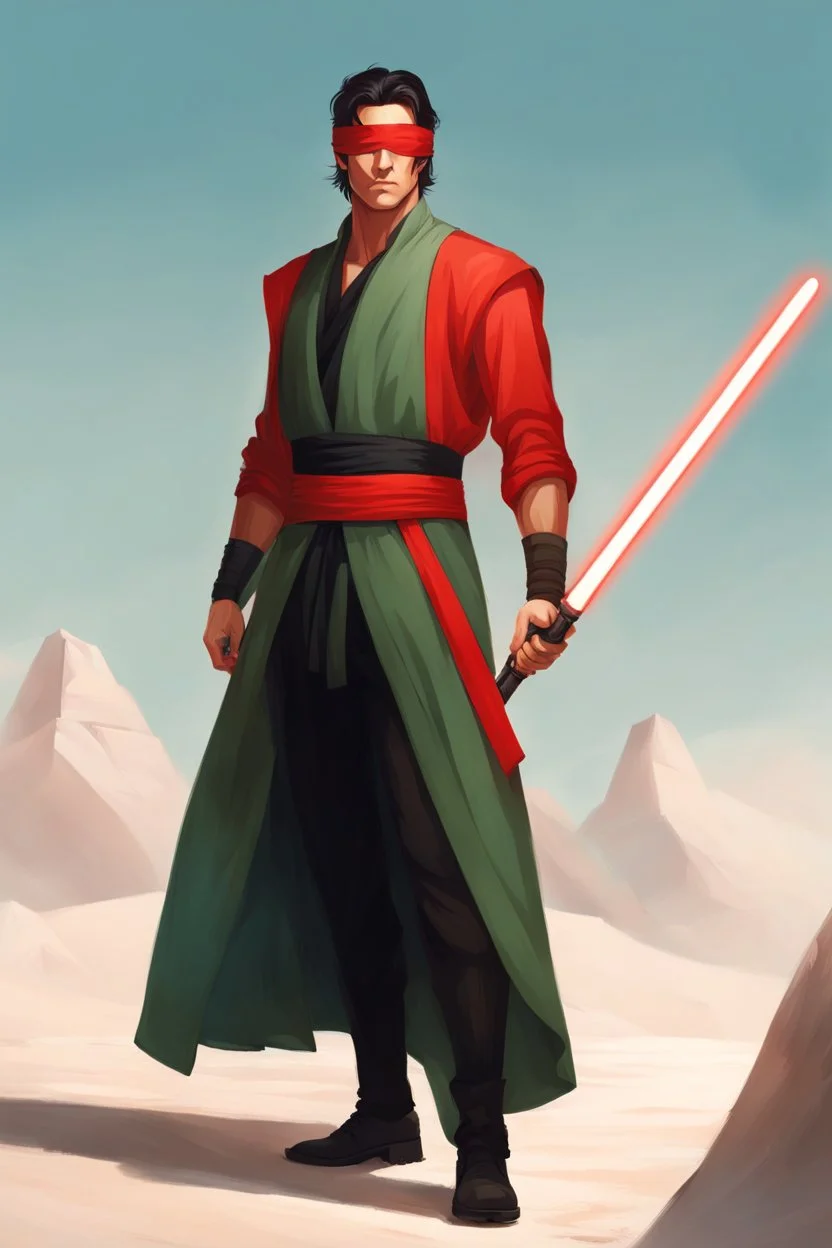 Red Blindfold, Male Tan Human, Very Long HairLong Black Hair, Peaceful pose, Red Fancy Lightsaber With a Crossagurd