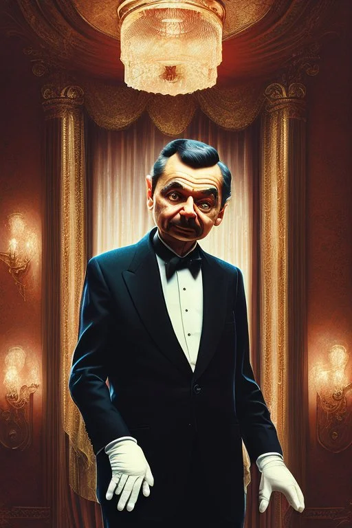 mr bean as the mafia godfather wearing gloves, balcony on casino top floor, 4k, trending art, weird perspective, realism, spray paint, detailed