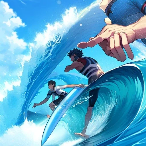 anime boy, surfer boy, surf, waves, perfect wave, detail on hands and face