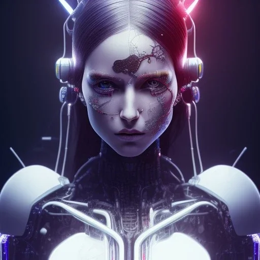 singer Danish MØ face, lumen lighting, led lights, <hanging wires> many wires connected to the head<perfect pupil> <cyborg> <garage> <sci-fi futuristic>