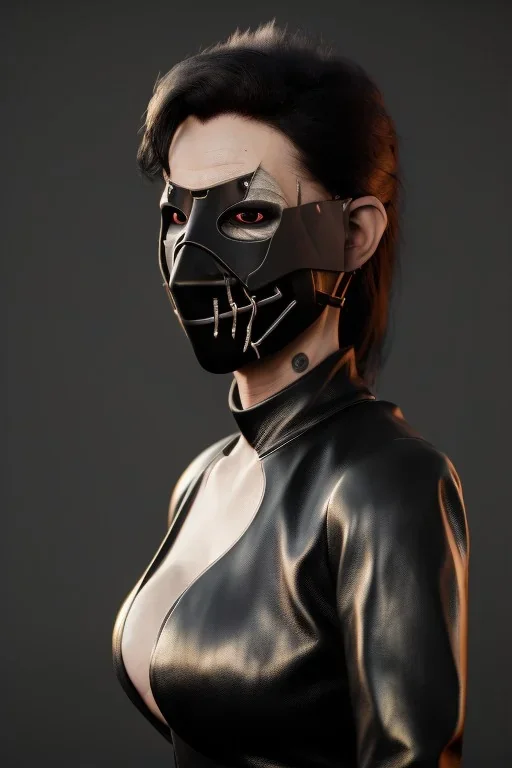 executioner in black leather, mature woman, masked, cleavage, evil, angry, sci-fi fantasy style, 8k,dark