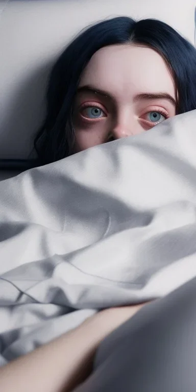 Billie Eilish, on the bed, in my underwear, pale skin, high detail, realistic, 8k, not to be distinguished from a photo