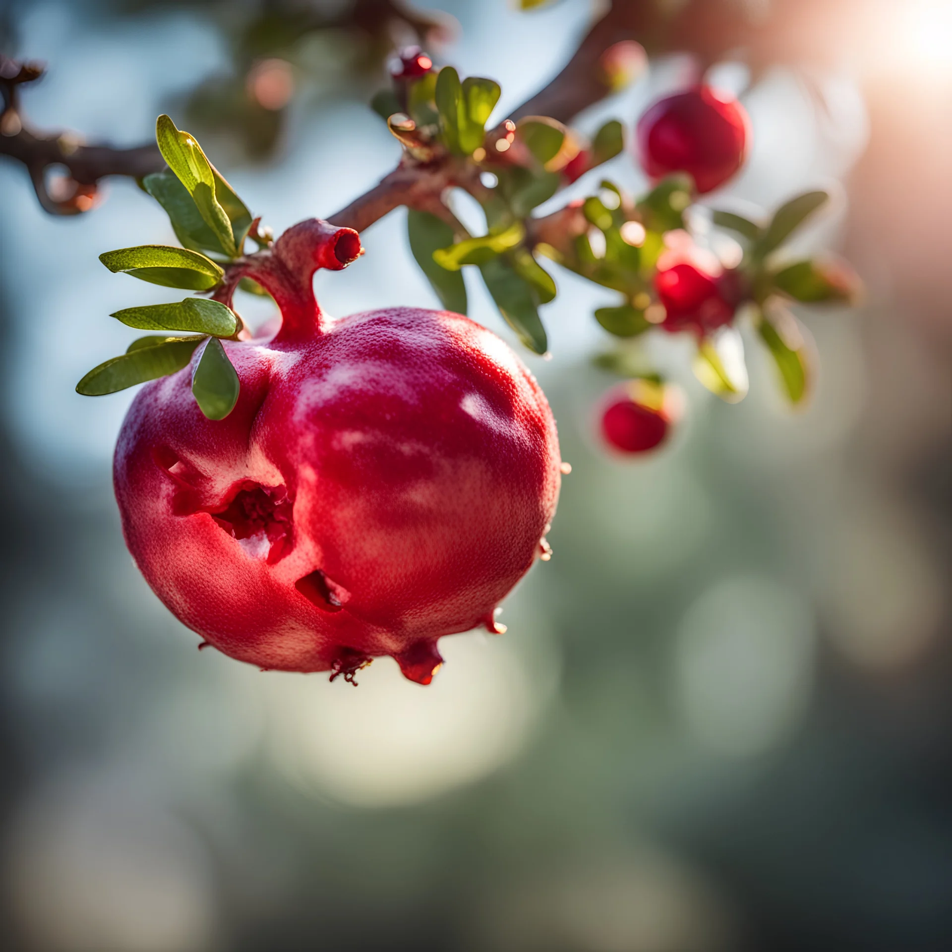 a red pomegranate on the branch, back lighting, blurred background