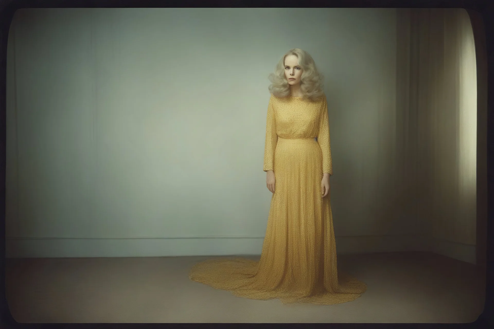 Actress Carroll baker , without a face, , hippie girl, gold body, in a liminal empty room, old autochrome