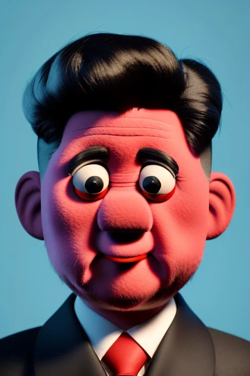 Waist up muppet Portrait, Kim Jong-un muppet doll, black suit, photo studio, red background, unreal engine 5, concept art, art station, god lights, ray tracing, RTX, lumen lighting, ultra detail, volumetric lighting, 3d.