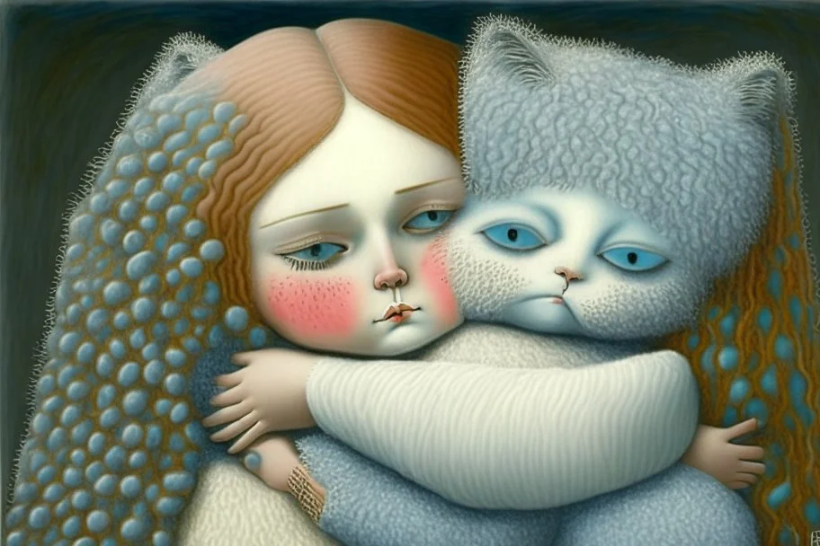 a cute foam girl hugging a foam ragdoll-cat , fine detailed, face drawing, dim background sharp focus elegant fantasy intricate very attractive beautiful ultra detailed colourful anatomically correct (A} Hieronymus Bosch, Henri Rousseau, Nicoletta Ceccoli, (A1) Anna Dittman, Remedios Varo, Sherry Akrami (A2) Serge Marshennikov, Zdzislav Beksinski