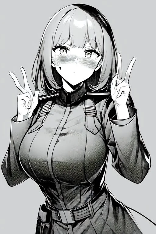 military girl, surprsed face, greyscale