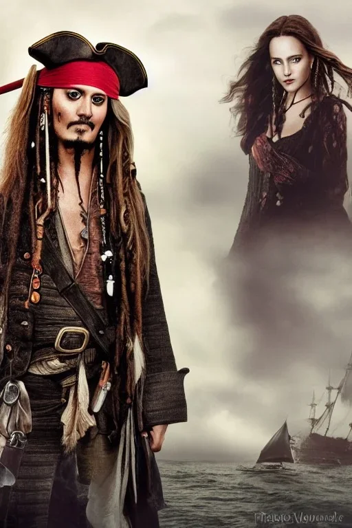 portrait, lady, full body shot, medium shot, style of pirates of the Caribbean