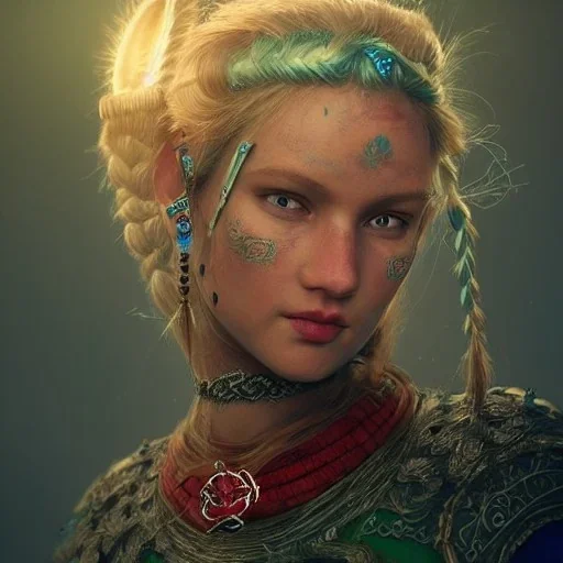 highly detailed girl viking queen portrait, red glass armor, blue delicate braided hair, green facial paint, cinematic lighting, 4k, 8k, octane render, digital concept art, trending on artstation, pinterest, extremely detailed, ambient lighting.