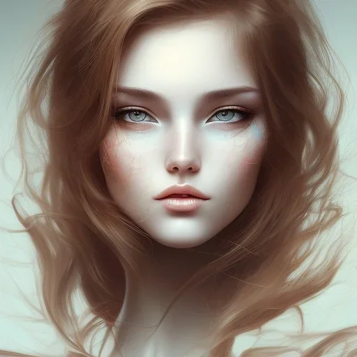 Young women , delicate, friendly, soft eyes, brown eyes, brown haar, abstract art,round warm look, misterous look