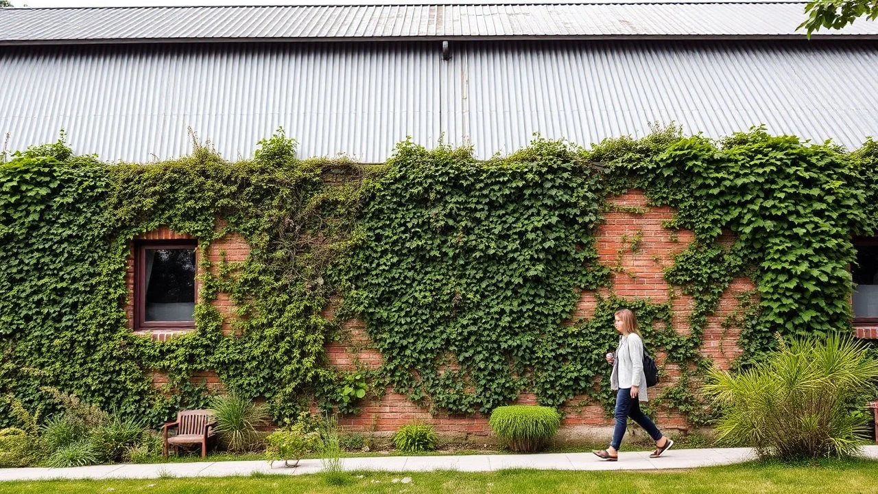 A building facade is covered with a living wall of ivy and other greenery. A woman walks on a path beside the building, which has a corrugated metal roof and modern windows.