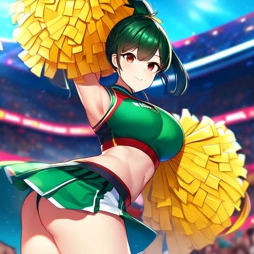 Clear focus,High resolution,High quality, Dark Green Ponytail hair, Red eyes, Cheerleading