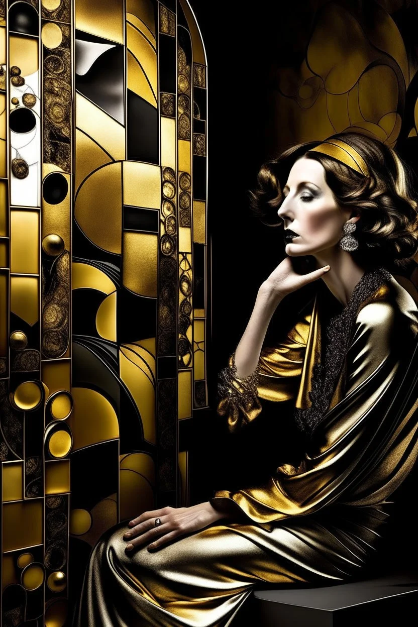 Create a conceptual photograph of a female figure, SALVADOR DALI STYLE MIXED WITH GUSTAV KLIMT STYLE AND TAMARA DE LEMPICKA STYLE, 3/4 SIDE VIEW, SILVER, GOLD, BLACK COLORS in a contemporary setting, incorporating provocative, thought-provoking elements. The image should demonstrate the confidence, strength and vulnerability of the subject. Consider using symbolic objects, abstract shapes, or artistic expressions that convey a strong message. The style and lighting should be modern, avant-garde