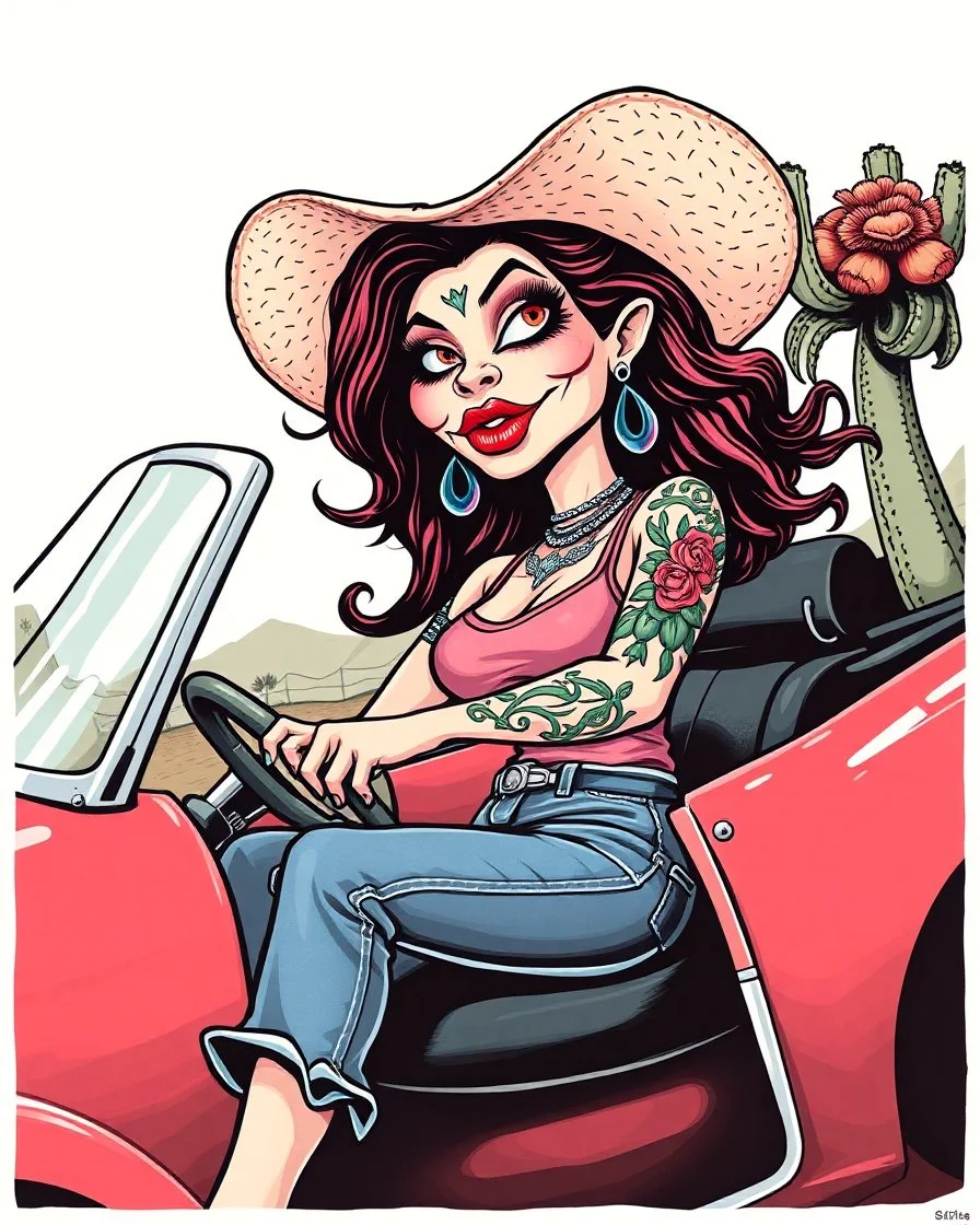 Consuela Mexican woman in a tank-top and jeans, illustrated in a RAT Fink Ed Roth's monsters Style driving a convertible car, big head with small body, cholla with face tattoo, cartoon kissy lips, rat fink t-shirt composition, 2 color silkscreen