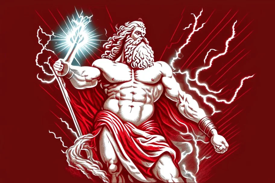 Detailed and realistic illustration of Greek god Zeus holding holding lightning. Vintage style illustration. Red and white lightning. Ultra high resolution.