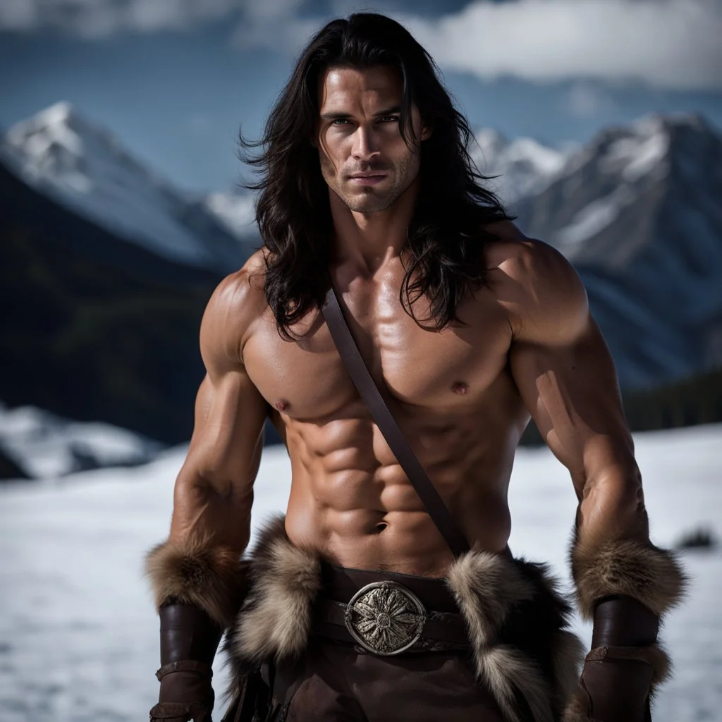 Handsome and muscular 30 year old shirtless mountain man long dark hair, dark fantasy, snow capped mountains