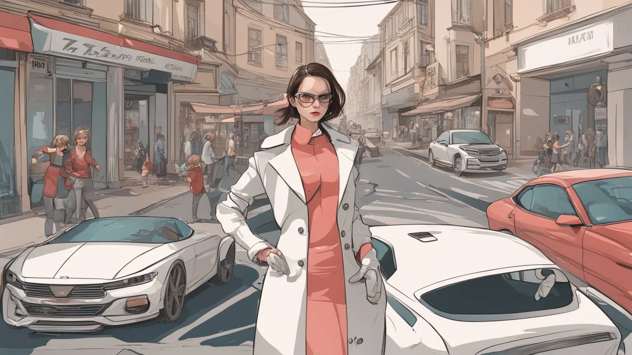 female robot, in a street, shops, cars, people