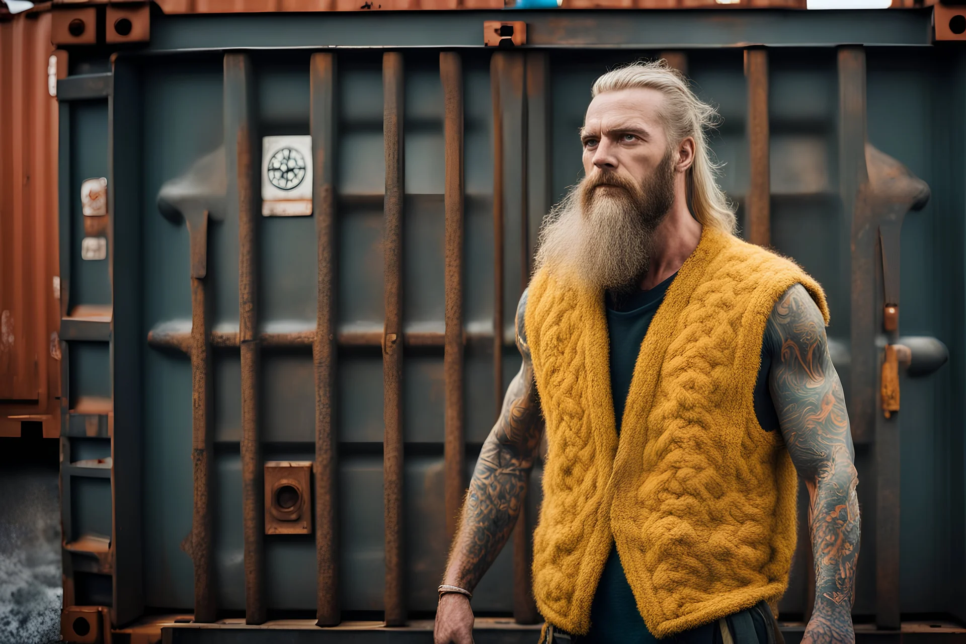 photo of typical full body viking tribe beard blonde flowerw-tattoos gym hairy raw cyberpunk sailorman works on board of cargo china container large ship, gilet yellow knitted, stormy rainy day, mid age, health, wellness, in 70's style movie by Mario Bava