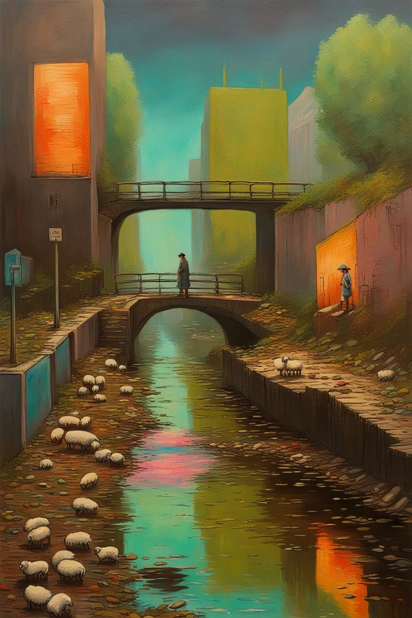 painting of a cyberpunk colourful natural walkway rubbish on the street in the city with pollution and a small bridge by a creek with electric sheep and androids by monet