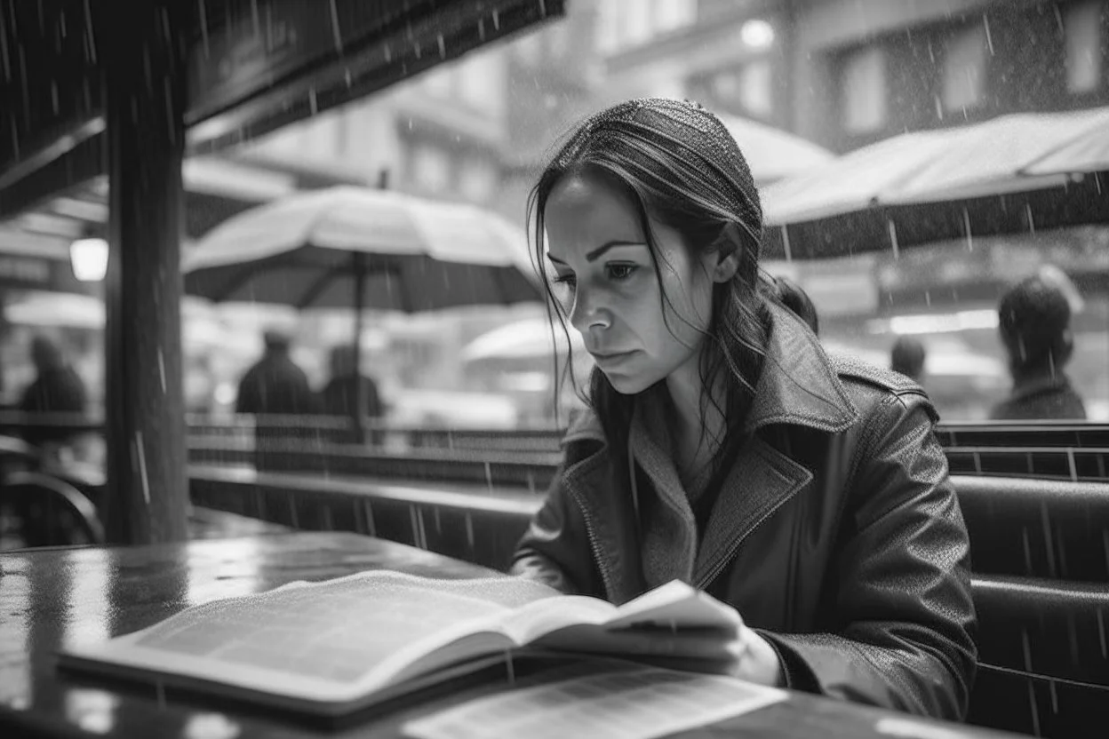 Woman reading in a cafe, while it rains on the city street, real photography, photojournalism, 16K, shot with a 35mm Leica camera, black and white photography with vintage tones