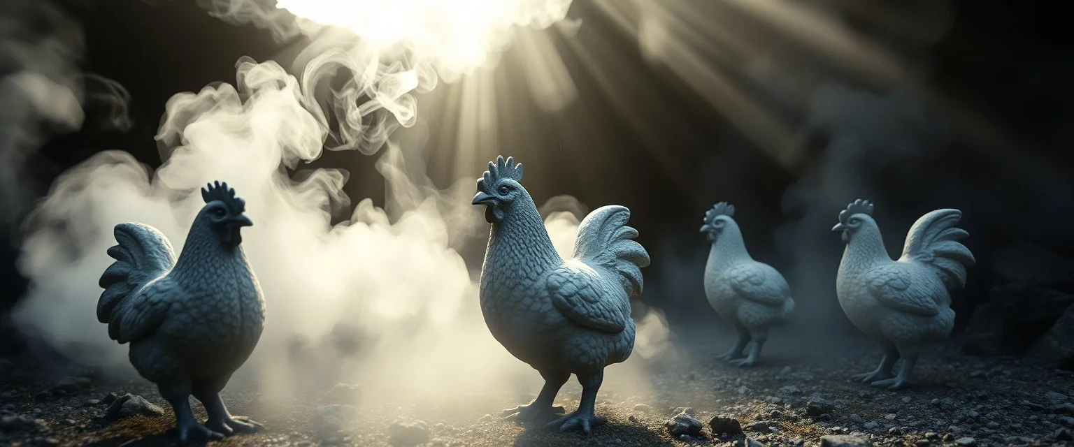 pin hole cam, fire smoke and fog and light rays, Utrangerte verpehøner blir i Norge brukt som energikilde og alternativt brensel i sementproduksjonen, eller det kan dreie seg om dekorative hagefigurer formet som høner støpt i betong, fantasy illustration, in the style of Rembrandt