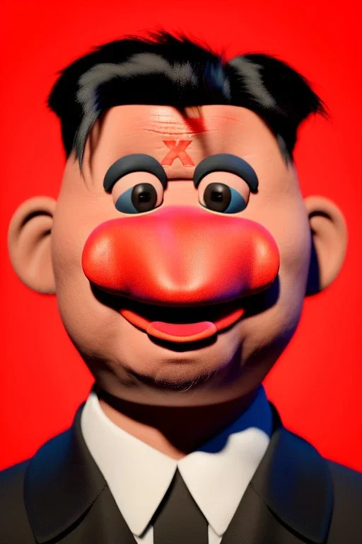 Waist up muppet Portrait, Kim Jong-un muppet doll, black suit, photo studio, red background, unreal engine 5, concept art, art station, ray tracing, lumen lighting, ultra detail, volumetric lighting, 3d.