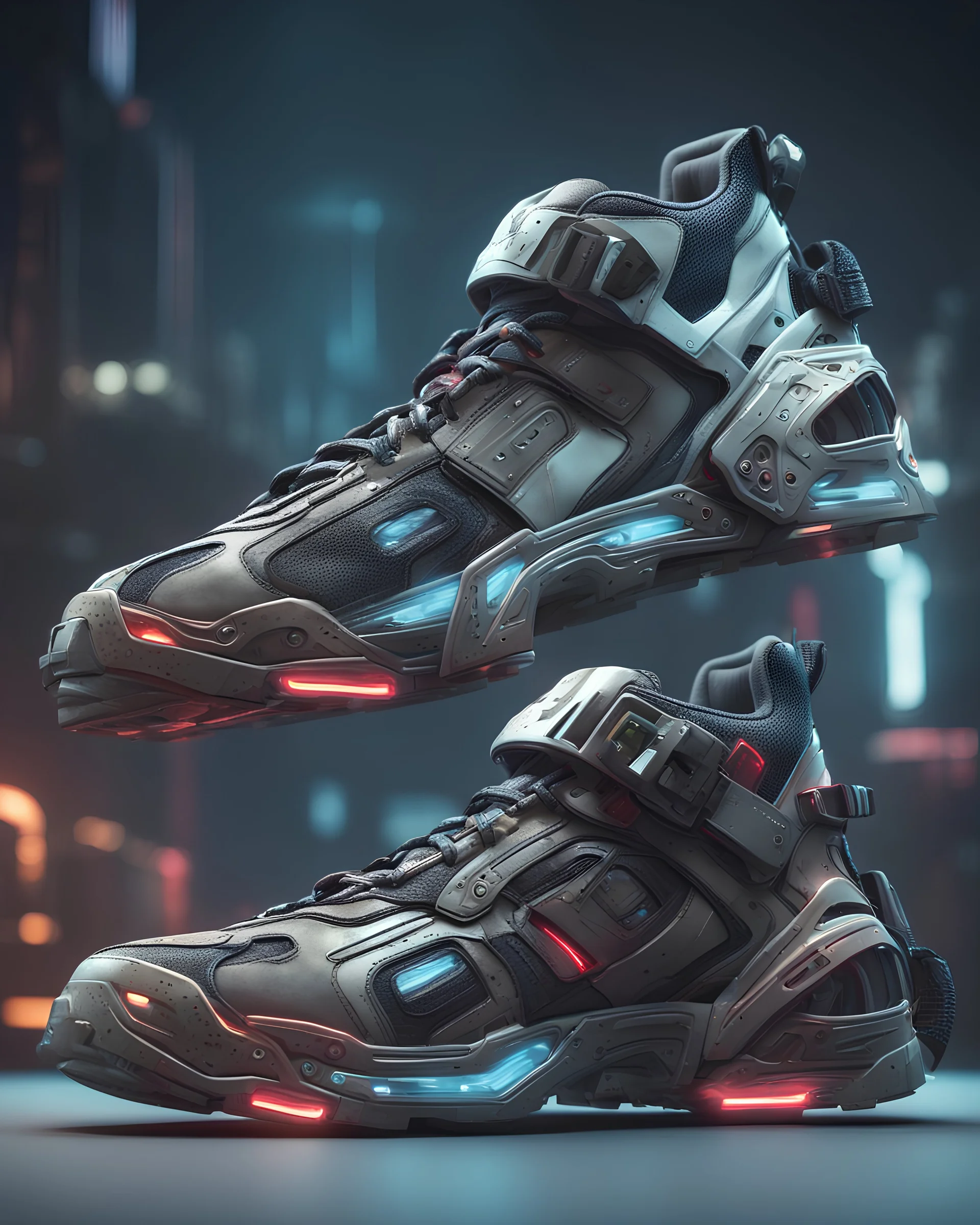 Cyberpunk Futuristic shoes , 3d render, vray, uhd, detailed, hdr, 8k, photorealistic, dramatic lighting, hawken graphic design abstract 3d hitech technological HAWKEN photorealistic uhd 8k VRAY highly detailed HDR