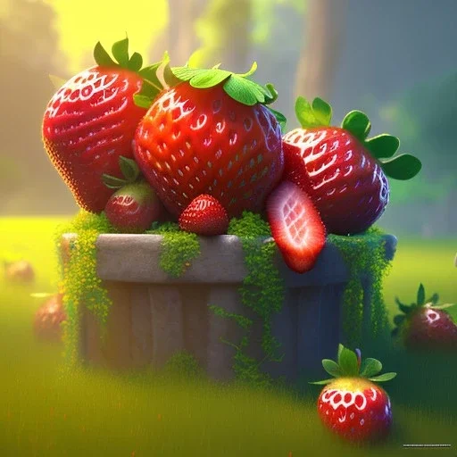 pixar style, volumetric summer garden environment and background, volumetric lighting, dramatic lighting, realistic painting of an strawberry, looking excited, detailed digital painting, extreme dense and fine fur, anime, ornate, colour-washed colors, elegant, small minutiae, tiny features, particulars, centered, smooth, sharp focus, renderman gofur render, 8k, uhd, detailed eyes, realistic shaded volumetric lighting, sunlight caustics, backlight, centered camera view, little blue bird standing