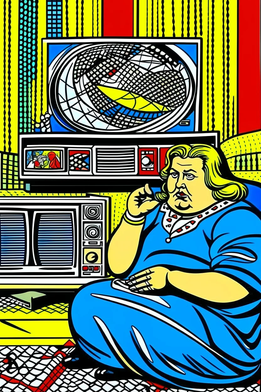 fat woman sitting on sofalistening to radio watching tv news in a room with signs of propaganda in the style of roy lichtenstein