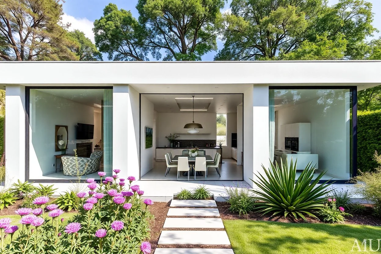 4k Image showcases a modern architectural style, featuring a single-story, rectangular building with large floor-to-ceiling glass windows on two sides, allowing a clear view of the interior. The exterior walls are white with a flat roof, and the structure is surrounded by a well-maintained garden with various plants and flowers, including purple and pink blooms. The interior is visible through the windows, revealing a spacious open-plan layout with a dining area furnished with a long table and t