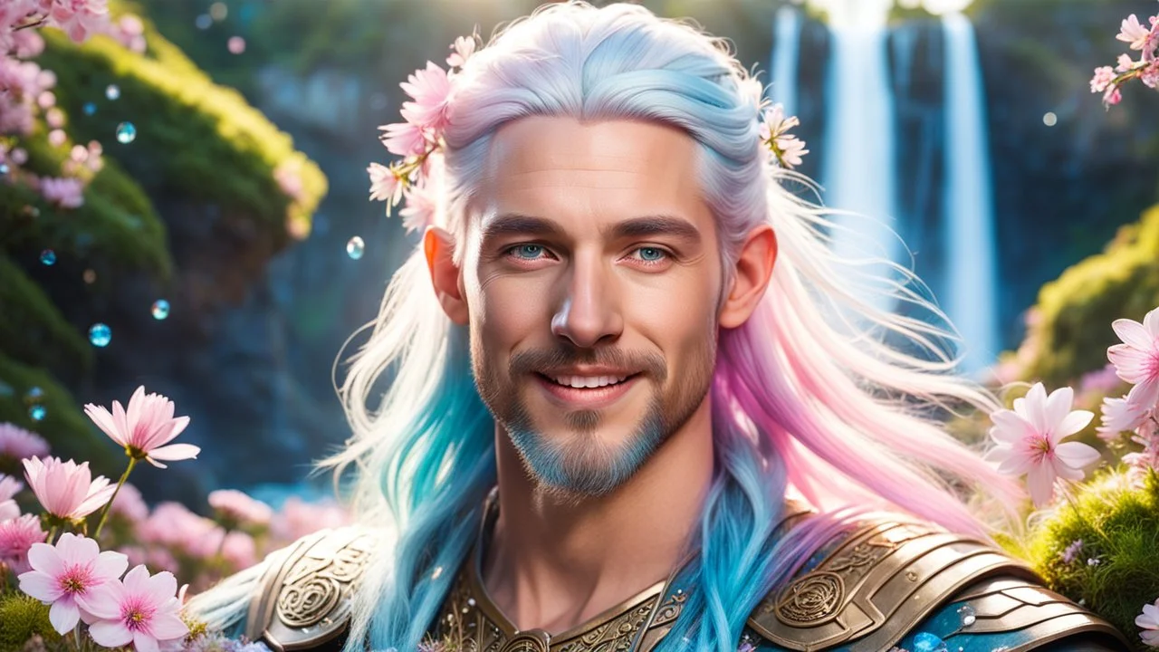 Photo realistic portrait of a gorgeous smiling skinny viking god with a golden dark shining skin, long smooth clear turquoise blue and pink white hair, blue eyes, in a sci-fi outfit with luminous strikes blowing a kiss in a hill of flowers with sakura trees, a waterfall, a crystal palace, loads of mini flowers, moss, sun rays through the branches, particles in the air at spring. Intricated details,