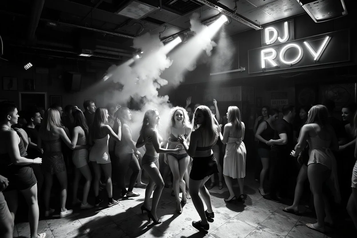 dans golv på en nedsliten sunkig techno club, många personer som dansar, yppiga lättklädda kvinnor, scen rök och ljus strobes, svartvit bild, en del personer ser in i kameran och skriker: "Benny!" och en Neon Skylt med texten "DJ ROY" på väggen