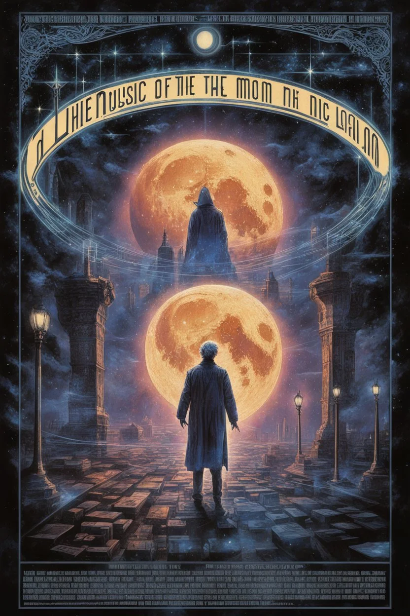 modern movie poster art by Drew Struzan, with text "THE MUSIC OF THE MOON" by "THOMAS LIGOTTI" about a somambulist who is drawn to the night streets following sinister dreamy music, gauzy textures, surreal art, cool somber colors, dramatic mixed media, intricate detail, volumetric lighting, artistic photo layering effect.