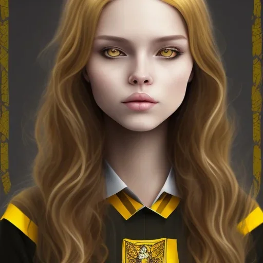 Girl with long wavy brown blond hair, yellow hawk eyes. Wears Hogwarts Hufflepuff uniform, sunglasses with a yellow clip. She has a snowy owl with yellow eyes on her shoulder.