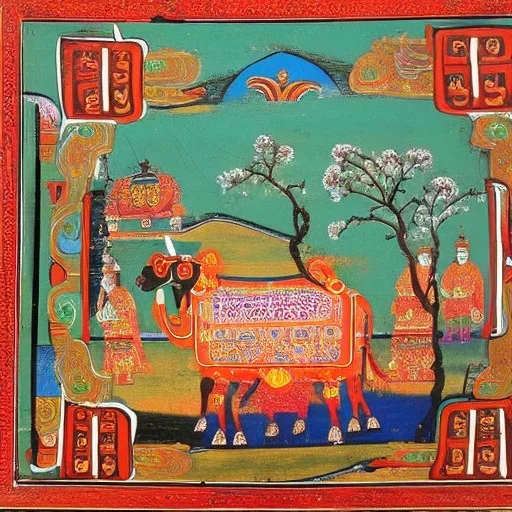 holy cow in indian landscape in tibetian painting style