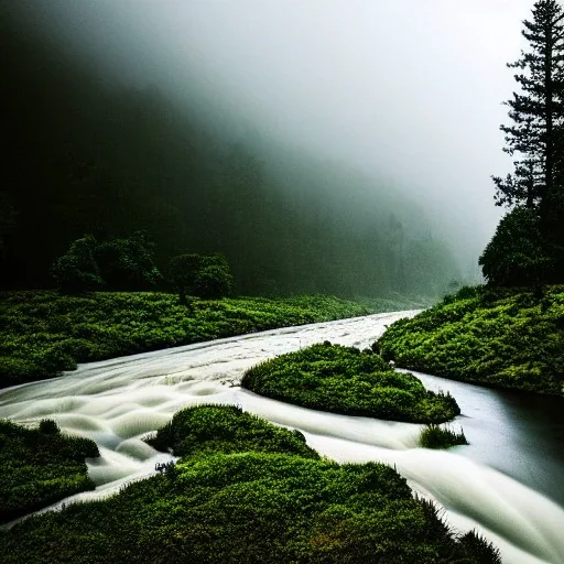 dense florest landscape with a river in a raining day, aesthetic